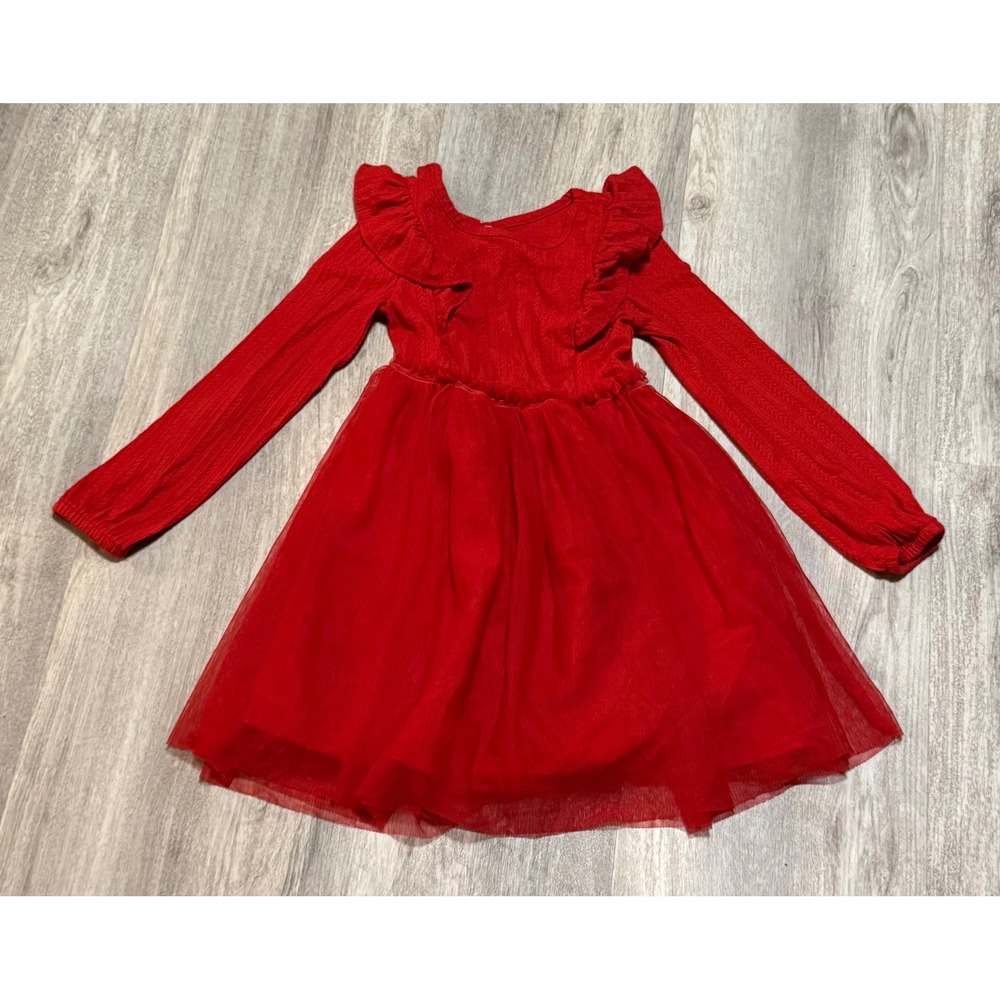 Cat & Jack Girls Red Long Sleeve Tulle Tutu Dress Ruffle Pointelle Knit 5T
